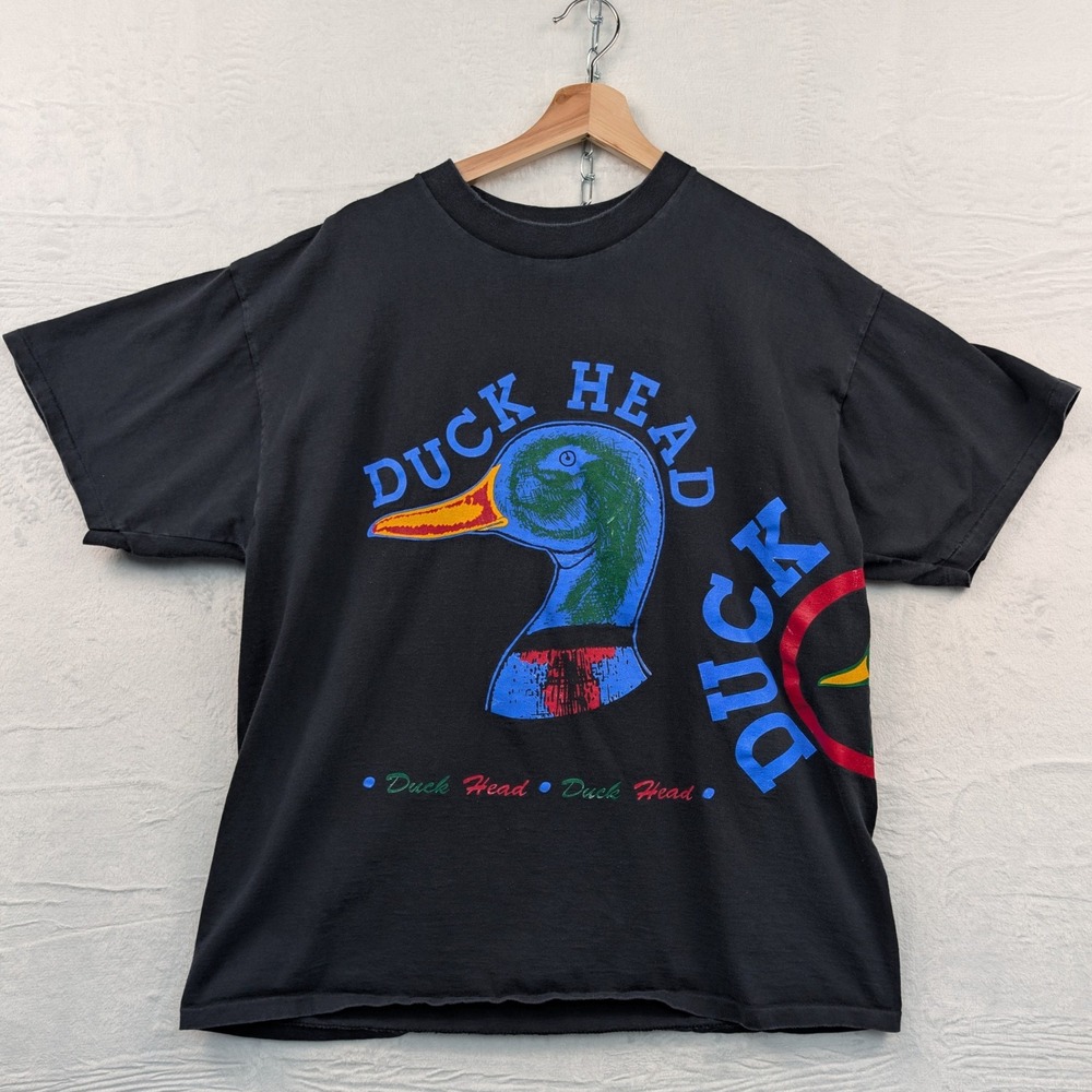 VTG Duck Head T-Shirt Mens XL Black Red Mallard Art Outdoor AOP Wrap Around 90s